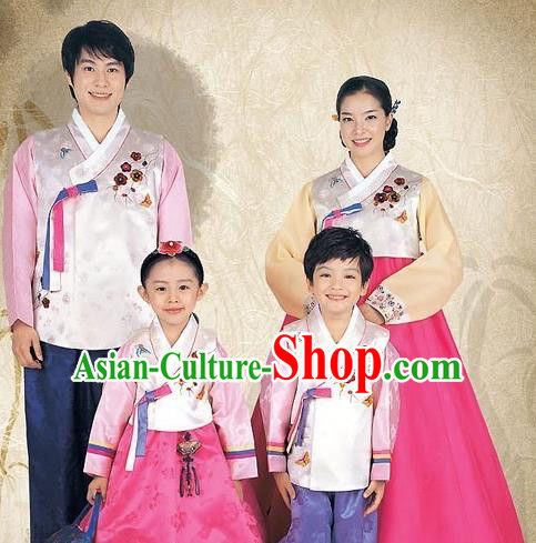 Traditional Korean Costumes Parent-Child Outfit Full Dress Family Formal Attire Ceremonial Clothes, Korea Court Embroidered Clothing Complete Set