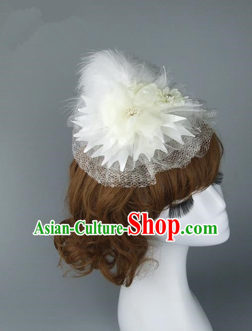 Top Grade Handmade Wedding Hair Accessories White Feather Top Hat, Baroque Style Bride Headwear for Women