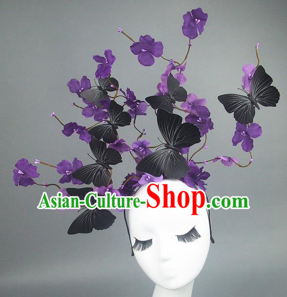 Asian China Butterfly Deep Purple Flowers Hair Accessories Model Show Headdress, Halloween Ceremonial Occasions Miami Deluxe Headwear
