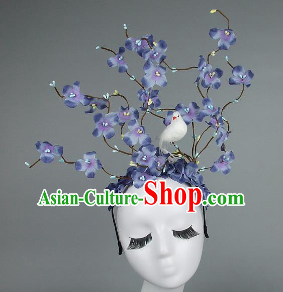 Asian China Lilac Flowers Hair Accessories Model Show Headdress, Halloween Ceremonial Occasions Miami Deluxe Headwear