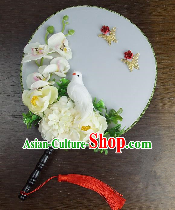 Traditional Handmade Chinese Ancient Wedding Round Fans, Hanfu Palace Lady Beige Peony Flowers Bride Mandarin Fans for Women
