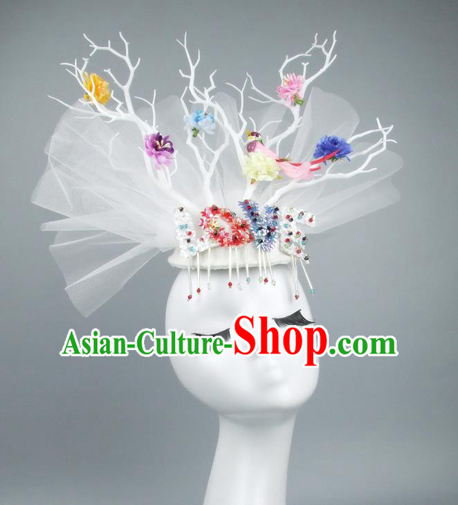 Asian China White Veil Hair Accessories Model Show Embroidery Headdress, Halloween Ceremonial Occasions Miami Deluxe Headwear