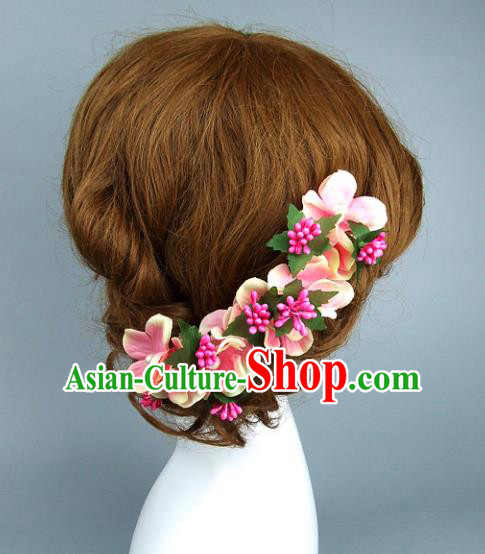 Asian China Wedding Pink Flowers Hair Accessories, Model Show Headdress Bride Headwear for Women