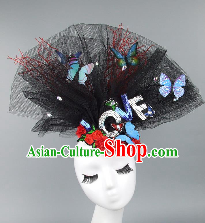Asian China Exaggerate Veil Hair Accessories Model Show Butterfly Headdress, Halloween Ceremonial Occasions Miami Deluxe Headwear