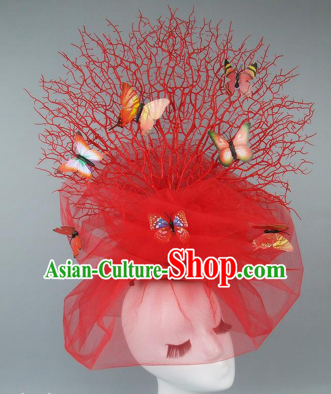 Asian China Exaggerate Red Veil Hair Accessories Model Show Butterfly Headdress, Halloween Ceremonial Occasions Miami Deluxe Headwear