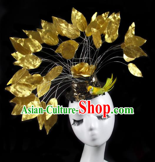 Asian China Exaggerate Hair Accessories Model Show Golden Feather Hat, Halloween Ceremonial Occasions Miami Deluxe Headwear