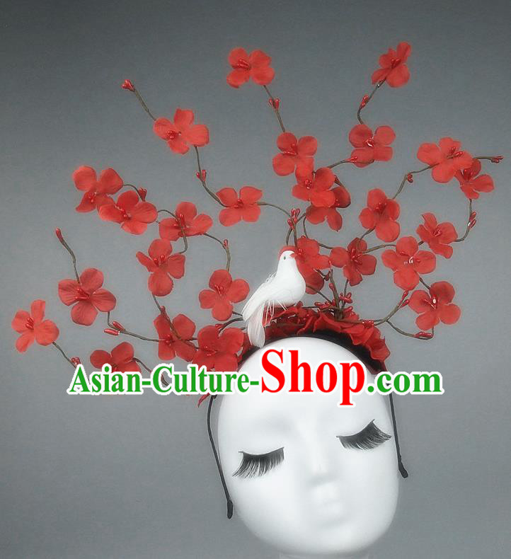 Asian China Red Flowers Hair Accessories Model Show Headdress, Halloween Ceremonial Occasions Miami Deluxe Headwear