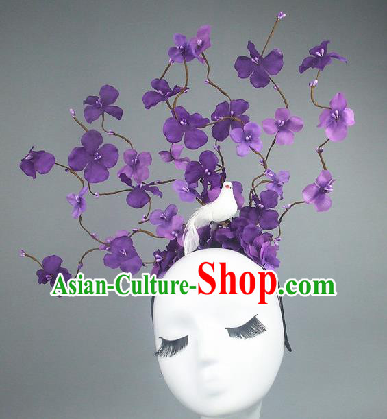 Asian China Purple Flowers Hair Accessories Model Show Headdress, Halloween Ceremonial Occasions Miami Deluxe Headwear