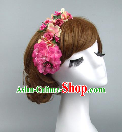 Traditional Handmade Chinese Classical Wedding Hair Accessories, Baroque Bride Pink Flowers Hair Clasp for Women