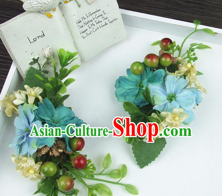 Asian China Wedding Bride Hair Accessories Blue Flower Hair Stick Baroque Headwear for Women