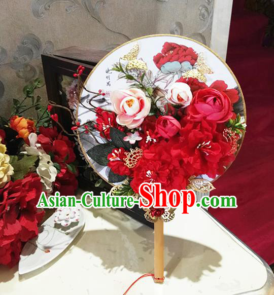 Traditional Handmade Chinese Ancient Wedding Round Fans, Hanfu Palace Lady Bride Mandarin Fans for Women