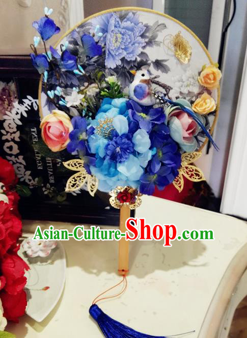 Traditional Handmade Chinese Ancient Wedding Round Fans, Hanfu Palace Lady Bride Blue Flowers Mandarin Fans for Women