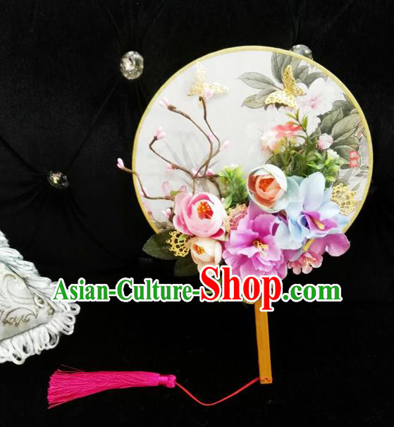 Traditional Handmade Chinese Ancient Wedding Round Fans, Hanfu Palace Lady Bride Purple Flowers Mandarin Fans for Women