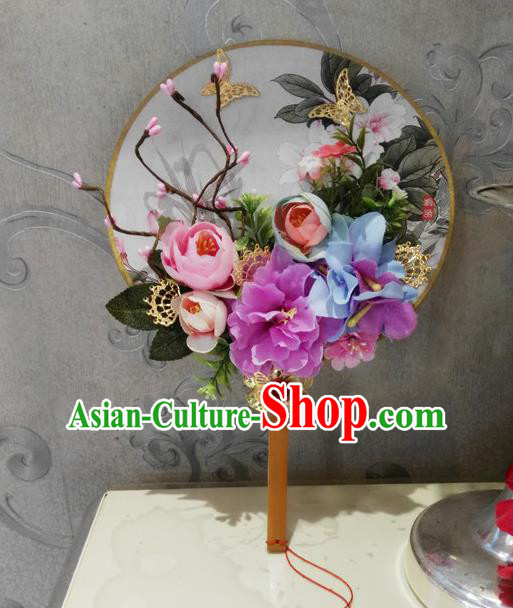 Traditional Handmade Chinese Ancient Wedding Round Fans, Hanfu Palace Lady Bride Pink Rose Flowers Mandarin Fans for Women