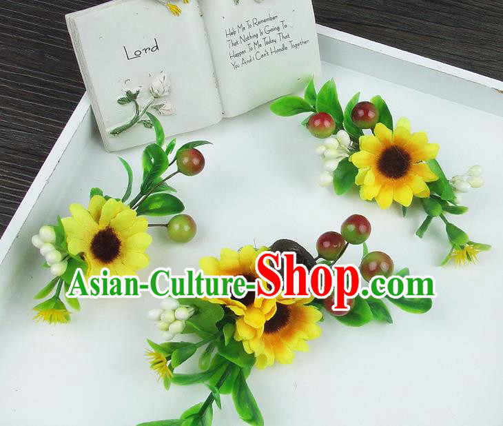 Asian China Wedding Bride Hair Accessories Pastoralism Yellow Flower Hair Stick Baroque Headwear for Women