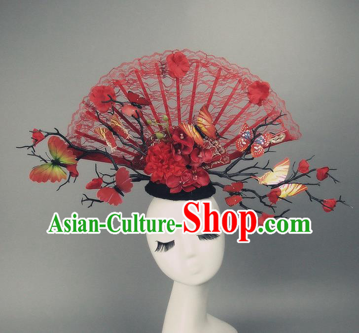 Traditional Handmade Chinese Ancient Hair Accessories, Qin Dynasty Red Lace Hat Headwear Model Show Headdress Tuinga for Women