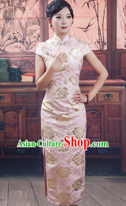 Traditional Ancient Chinese Republic of China Cheongsam Costume, Asian Chinese Pink Silk Long Chirpaur Clothing for Women