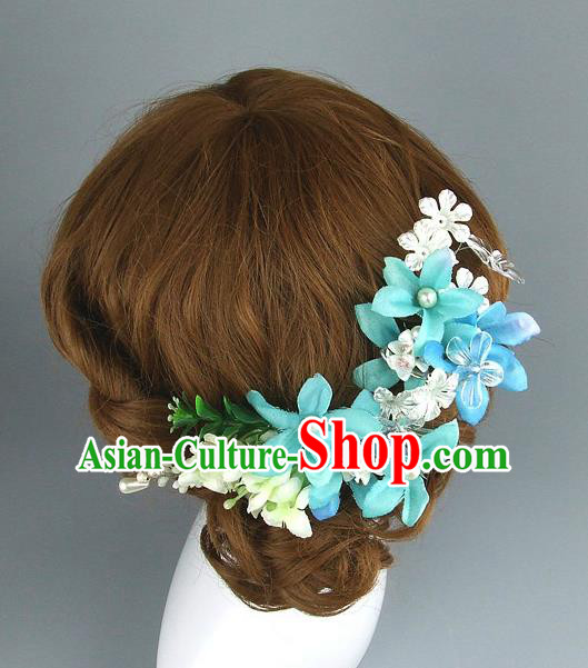 Top Grade Handmade Wedding Hair Accessories Blue Flowers Hair Clasp, Baroque Style Bride Hair Stick Headwear for Women