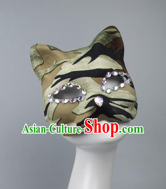 Handmade Exaggerate Fancy Ball Accessories Model Show Crystal Mask, Halloween Ceremonial Occasions Cat Face Mask