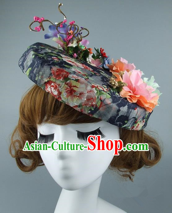 Top Grade Handmade Wedding Hair Accessories Model Show Flowers Top Hat, Baroque Style Bride Deluxe Headwear for Women