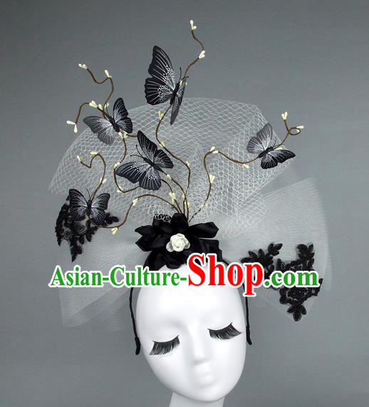 Top Grade Handmade Halloween Hair Accessories Model Show Butterfly White Veil Hair Stick, Baroque Style Deluxe Headwear for Women