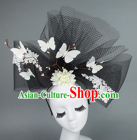 Top Grade Handmade Halloween Hair Accessories Model Show Butterfly Black Veil Hair Stick, Baroque Style Deluxe Headwear for Women