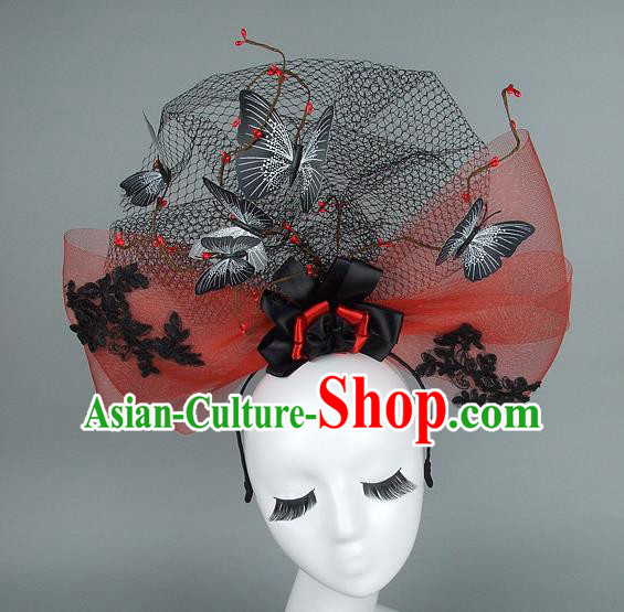 Top Grade Handmade Halloween Hair Accessories Model Show Butterfly Red Veil Hair Stick, Baroque Style Deluxe Headwear for Women