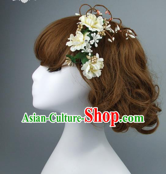 Top Grade Handmade Wedding Hair Accessories Model Show White Flowers Hair Clasp, Baroque Style Bride Deluxe Headwear for Women