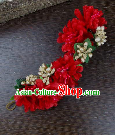 Top Grade Handmade Wedding Hair Accessories Red Flowers Hair Stick Headpiece, Baroque Style Bride Headwear for Women