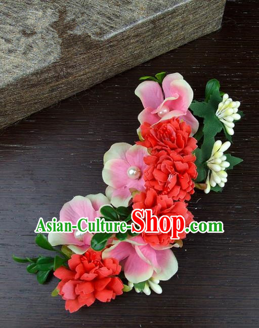 Top Grade Handmade Wedding Hair Accessories Red Silk Flowers Hair Stick Headpiece, Baroque Style Bride Headwear for Women