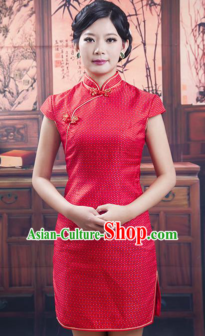 Traditional Chinese National Costume Tang Suit Short Red Qipao, China Ancient Cheongsam Printing Chirpaur Dress for Women