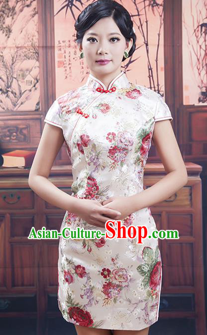 Traditional Chinese National Costume Tang Suit Short White Silk Qipao, China Ancient Cheongsam Printing Chirpaur Dress for Women