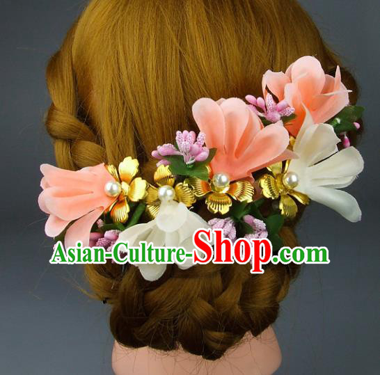 Top Grade Handmade Wedding Hair Accessories Pink Headdress Silk Flowers, Baroque Style Bride Pearls Headwear for Women