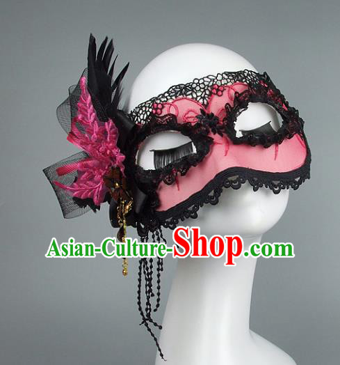 Top Grade Handmade Exaggerate Fancy Ball Accessories Model Show Pink Lace Feather Mask, Halloween Ceremonial Occasions Face Mask