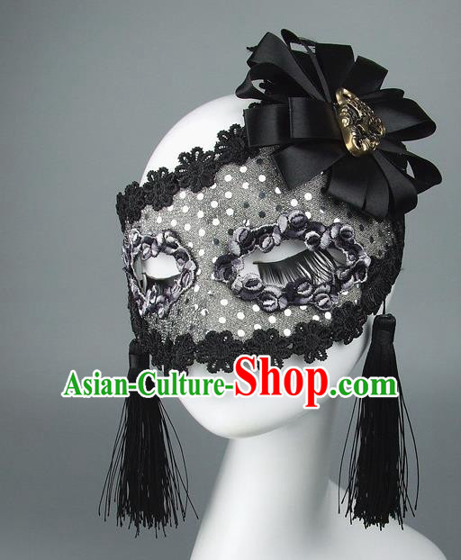 Top Grade Handmade Exaggerate Fancy Ball Model Show Black Lace Tassel Mask, Halloween Ceremonial Occasions Face Mask