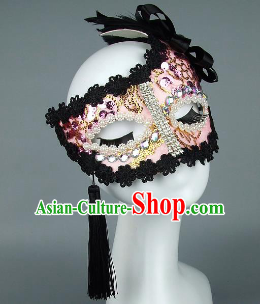 Top Grade Handmade Exaggerate Fancy Ball Model Show Lace Tassel Pink Mask, Halloween Ceremonial Occasions Face Mask