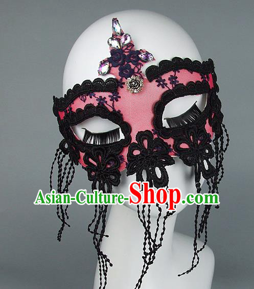 Top Grade Handmade Exaggerate Fancy Ball Model Show Pink Lace Tassel Crystal Mask, Halloween Ceremonial Occasions Face Mask
