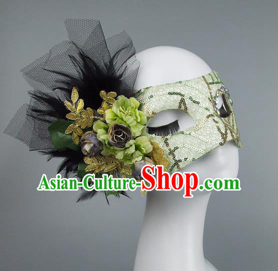 Top Grade Handmade Exaggerate Fancy Ball Model Show Veil Green Flowers Mask, Halloween Ceremonial Occasions Face Mask