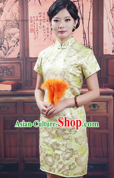 Traditional Chinese National Costume Tang Suit Short Qipao, China Ancient Cheongsam Embroidered Golden Chirpaur Dress for Women
