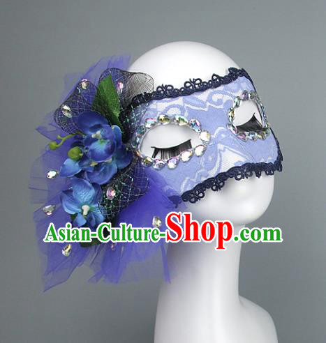 Top Grade Handmade Exaggerate Fancy Ball Accessories Blue Lace Mask, Halloween Model Show Ceremonial Occasions Face Mask