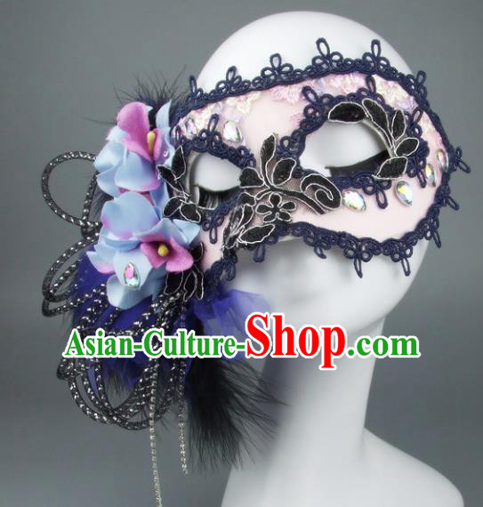 Top Grade Handmade Exaggerate Fancy Ball Accessories Pink Lace Mask, Halloween Model Show Ceremonial Occasions Face Mask