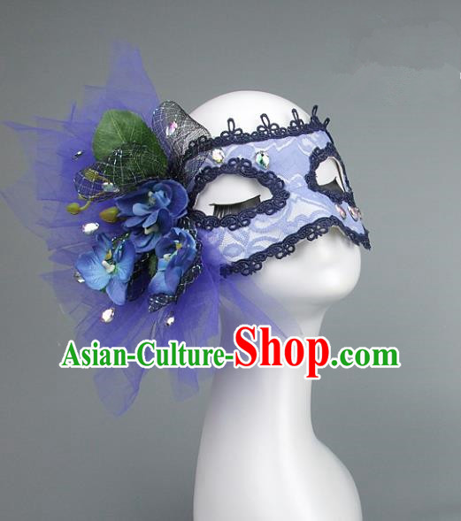 Top Grade Handmade Exaggerate Fancy Ball Accessories Blue Veil Mask, Halloween Model Show Ceremonial Occasions Face Mask