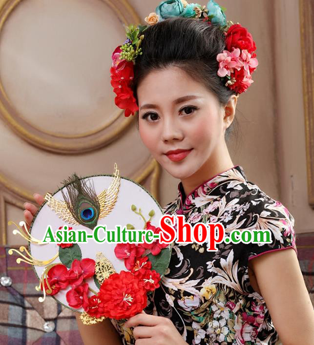 Traditional Handmade Chinese Ancient Wedding Red Peony Feather Round Fans, Hanfu Palace Lady Bride Mandarin Fans for Women