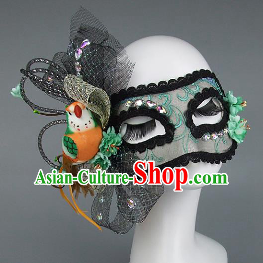 Top Grade Handmade Exaggerate Fancy Ball Accessories Model Show Veil Green Lace Mask, Halloween Ceremonial Occasions Face Mask