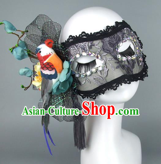Top Grade Handmade Exaggerate Fancy Ball Accessories Model Show Veil Black Lace Mask, Halloween Ceremonial Occasions Face Mask