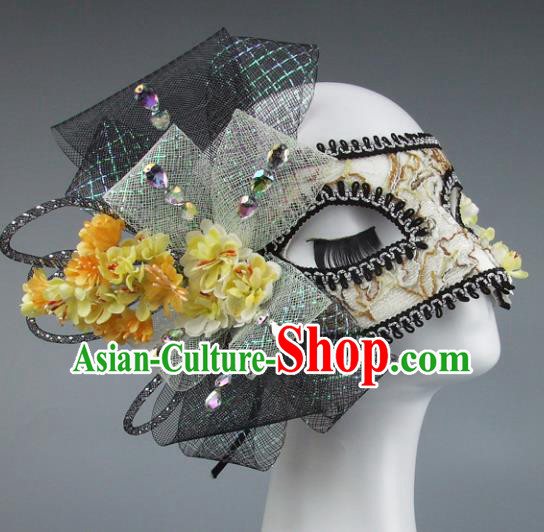 Top Grade Handmade Exaggerate Fancy Ball Accessories Model Show Veil Yellow Flowers Mask, Halloween Ceremonial Occasions Face Mask