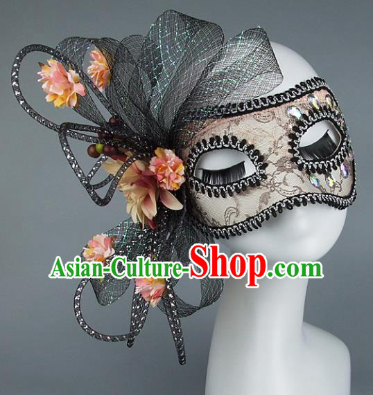 Top Grade Handmade Exaggerate Fancy Ball Accessories Model Show Veil Pink Flowers Mask, Halloween Ceremonial Occasions Face Mask