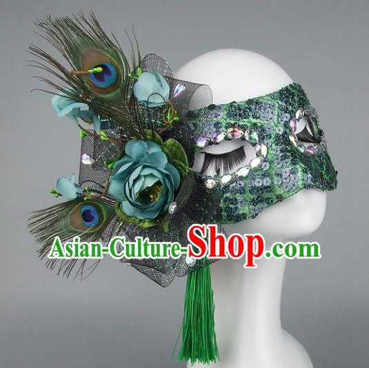 Top Grade Handmade Exaggerate Fancy Ball Accessories Green Feather Mask, Halloween Model Show Ceremonial Occasions Face Mask