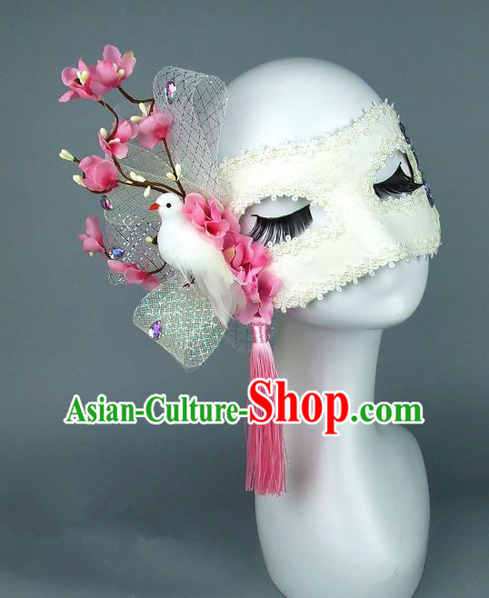 Top Grade Handmade Exaggerate Fancy Ball Accessories Peach Pink Flowers Pigeon Mask, Halloween Model Show Ceremonial Occasions Face Mask