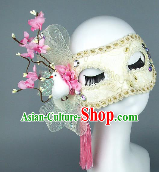 Top Grade Handmade Exaggerate Fancy Ball Accessories Pink Flowers Pigeon Tassel Mask, Halloween Model Show Ceremonial Occasions Face Mask